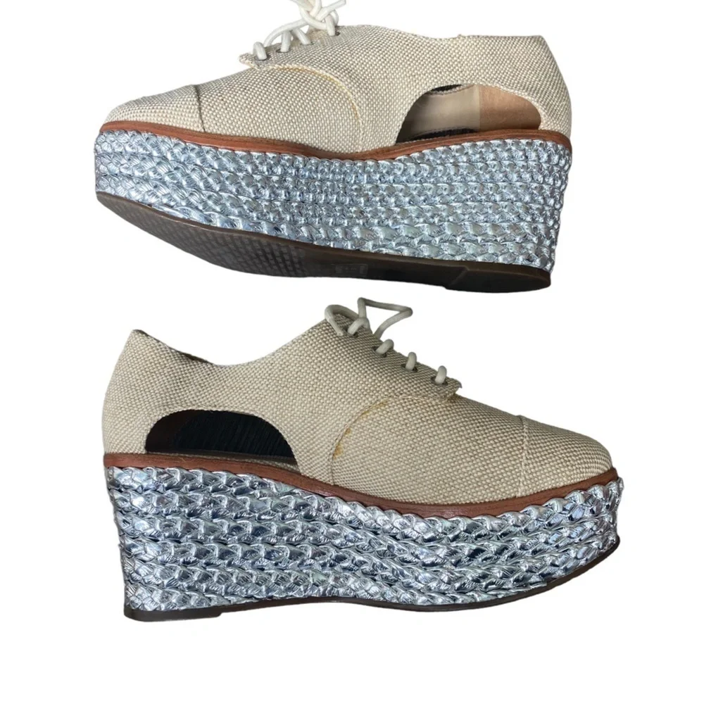 SCHUTZ Cream Lace-Up Platform Wedges with Silver Braided Sole